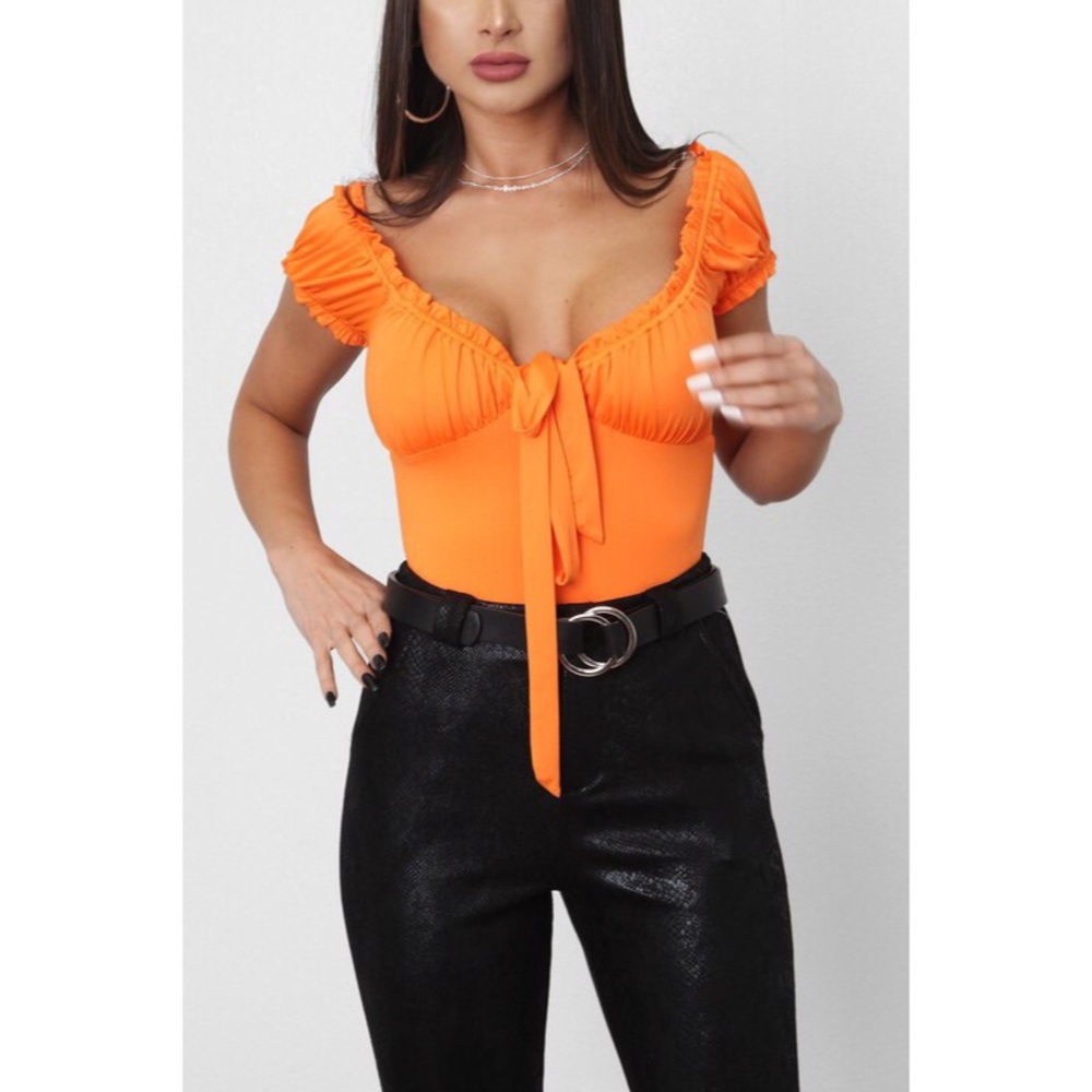 Neon/Orange ruffle scrunched victorian bodysuit - Picture 2 of 4